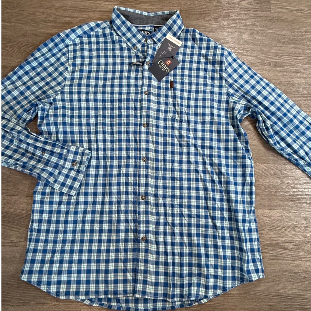 Chaps Mens XL Classic Blue Plaid Button‎ Down Shirt Stretch CM16LW262 New